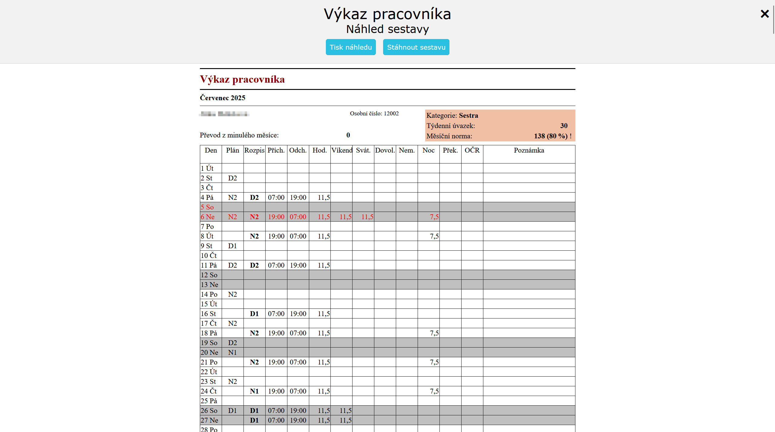 Příklad sestavy - Výkaz pracovníka